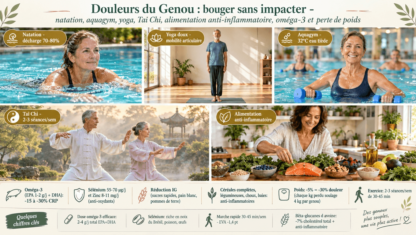 Natation, aquagym, yoga, Tai Chi, alimentation anti-inflammatoire (oméga-3, sélénium, zinc) : bouger sans charger le genou, sans le priver de mouvement.