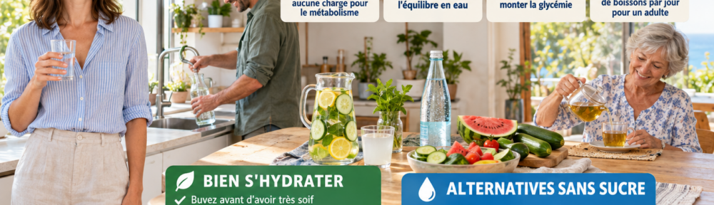 « Femme de 34 ans buvant un verre d'eau debout près de l'évier, homme remplissant une carafe au robinet et femme de 70 ans se servant une infusion dans une cuisine d'été française ; carafe d'eau aromatisée citron-concombre-menthe, eau pétillante sans sucre, eau de coco, concombre, pastèque, tomates et courgettes sur la table, avec un nuancier de couleur d'urines. »