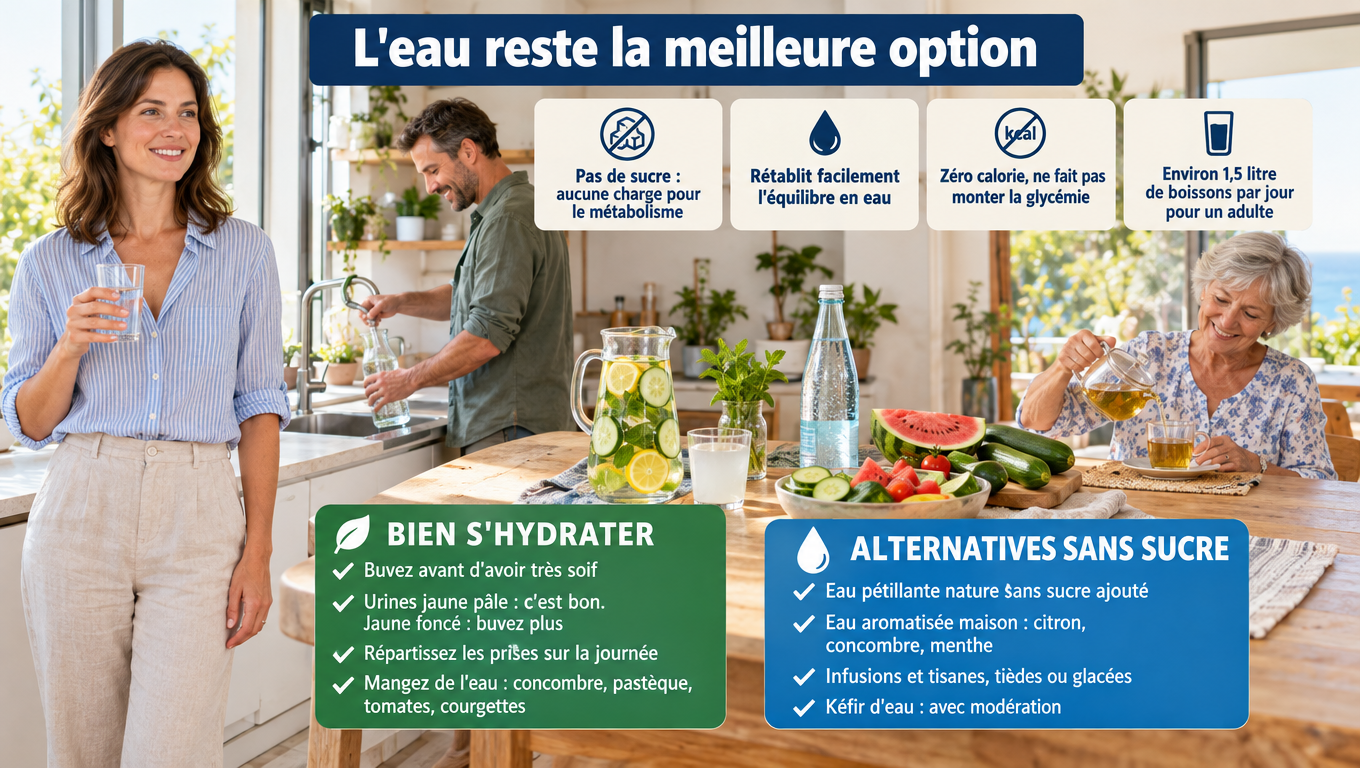« Eau plate ou pétillante, eau aromatisée maison, tisanes : pourquoi l'eau hydrate mieux (1,5 L/jour), comment lire la couleur des urines et quoi boire en cas de diarrhée. »
Mots-clés : hydratation quotidienne, 1,5 litre par jour, couleur des urines, eau aromatisée maison, tisanes, kéfir d'eau, solution de réhydratation orale, caféine diurétique, eau pétillante