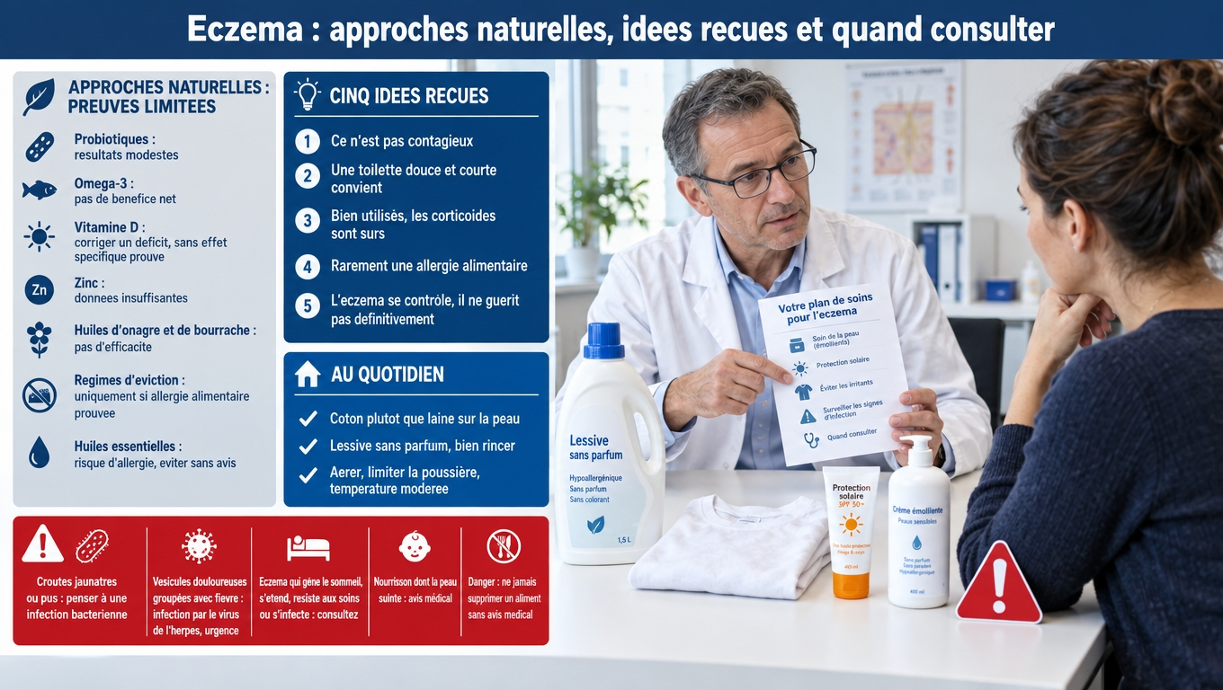 Probiotiques, oméga‑3, vitamine D, zinc, onagre : preuves limitées. Pas d'éviction alimentaire sans diagnostic. Croûtes jaunâtres ou vésicules avec fièvre = consulter en urgence.