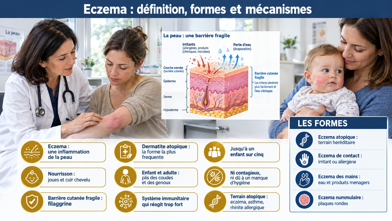 Eczéma = inflammation cutanée ; la dermatite atopique touche jusqu'à 1 enfant sur 5. Deux mécanismes : barrière déficiente (filaggrine) et système immunitaire hyperréactif.