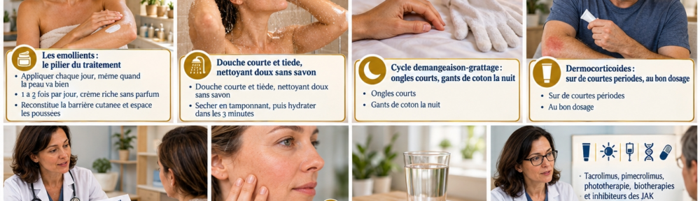 Collage de cinq scènes réalistes : application d'un émollient riche sans parfum après séchage en tamponnant, douche courte et tiède avec nettoyant doux sans savon, ongles courts et gants de coton blancs posés près d'un oreiller, application d'un dermocorticoïde prescrit sur une plaque rouge du pli du coude, et dermatologue expliquant un plan de soins à une patiente.