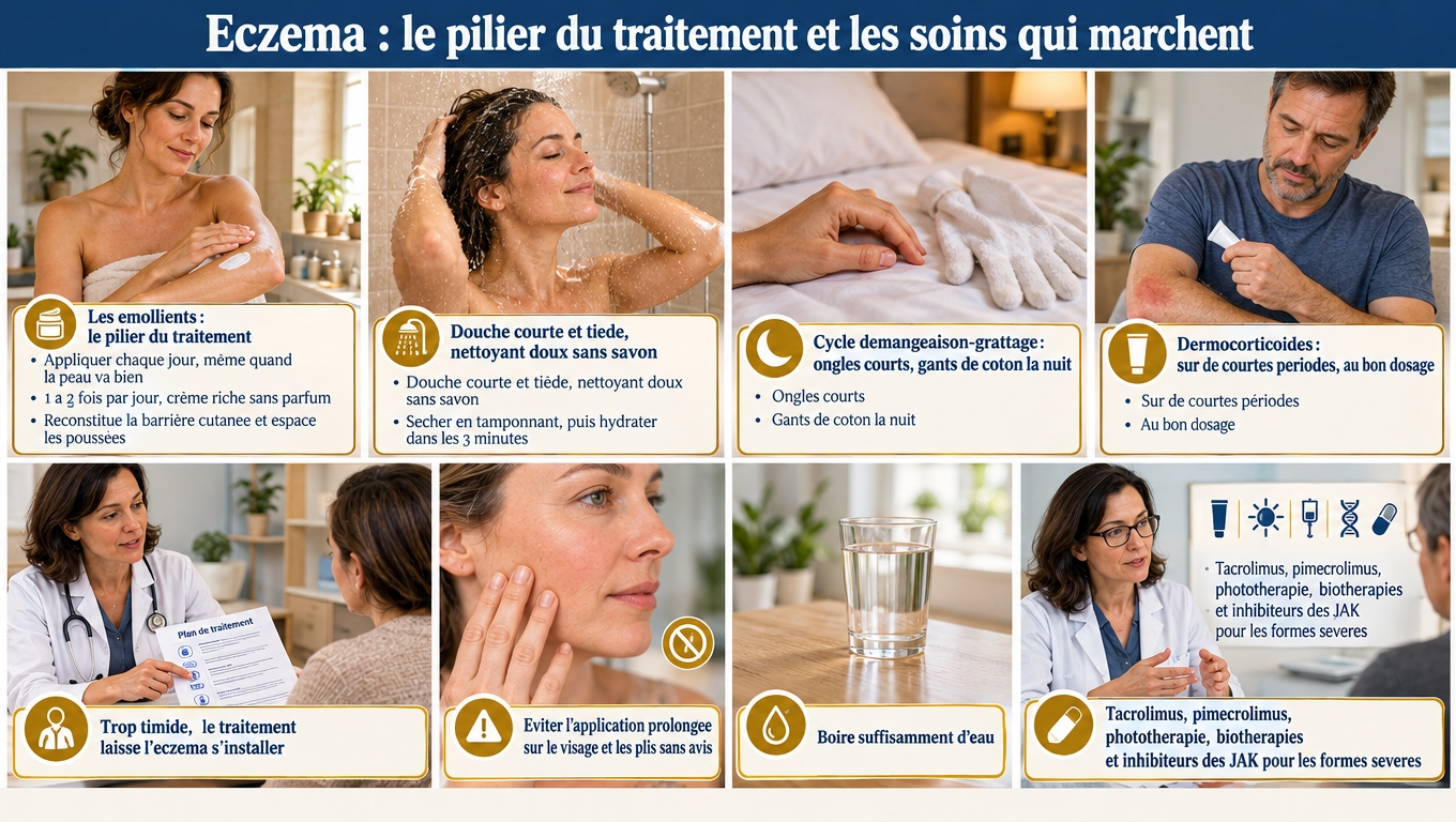 Émollients sans parfum 1 à 2 fois par jour même en dehors des poussées, hydratation dans les 3 minutes après la douche, ongles courts, et dermocorticoïdes courts et bien dosés : les soins qui marchent.