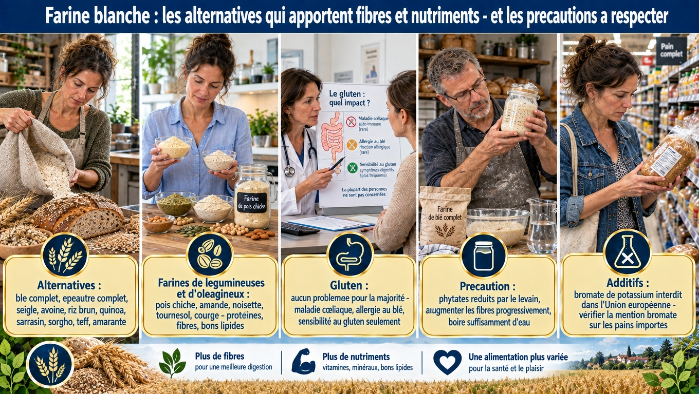 « Complètes : riz brun, quinoa, sarrasin, sorgho, teff, amarante, avoine certifiée ; farines de pois chiche, amande, courge. Gluten : problème seulement si cœliaque (1 %), allergie, sensibilité. Sans gluten ≠ complet. Levain : phytates ‑50‑70 %. Progressivité + hydratation. »