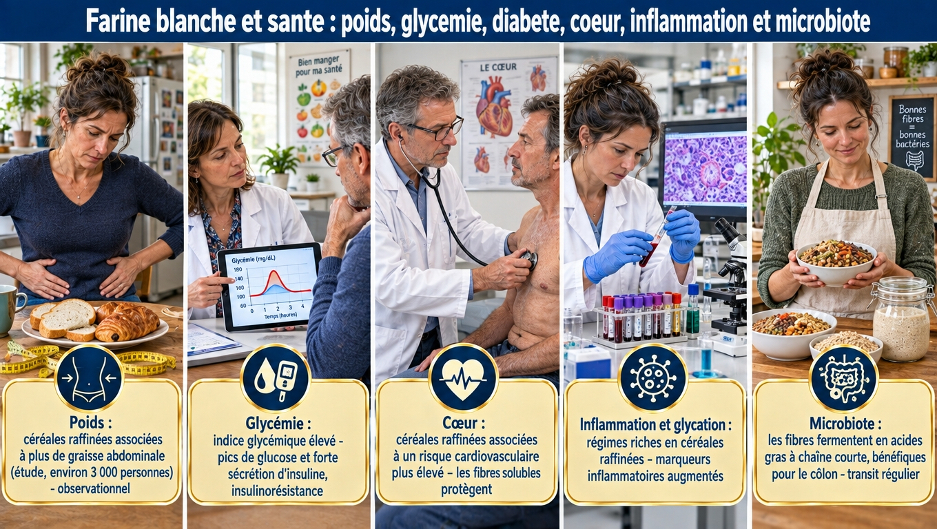 « IG du pain blanc ≈ 75‑95 vs complet ≈ 50‑60 : pics glycémiques, insulinorésistance, ‑20‑30 % de risque de diabète 2 avec les céréales complètes. Fibres solubles : LDL ‑5‑10 %, ‑15‑25 % de mortalité cardiovasculaire. Fibres et cancer colorectal : ‑10‑20 %. Aucun régime ne guérit le cancer. »