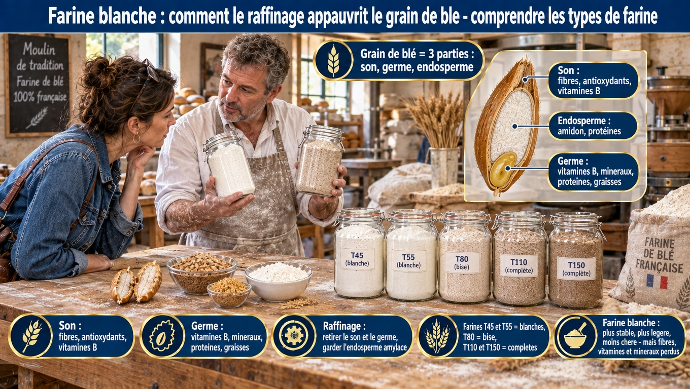 « Le raffinage retire son et germe : ‑70‑80 % de fibres, ‑65‑75 % des vitamines B, ‑70 % de fer, magnésium et zinc. T45/T55 = blanches, T80 = bise, T110/T150 = complètes. Fortification (fer, B9) utile mais jamais équivalente à une farine complète. »