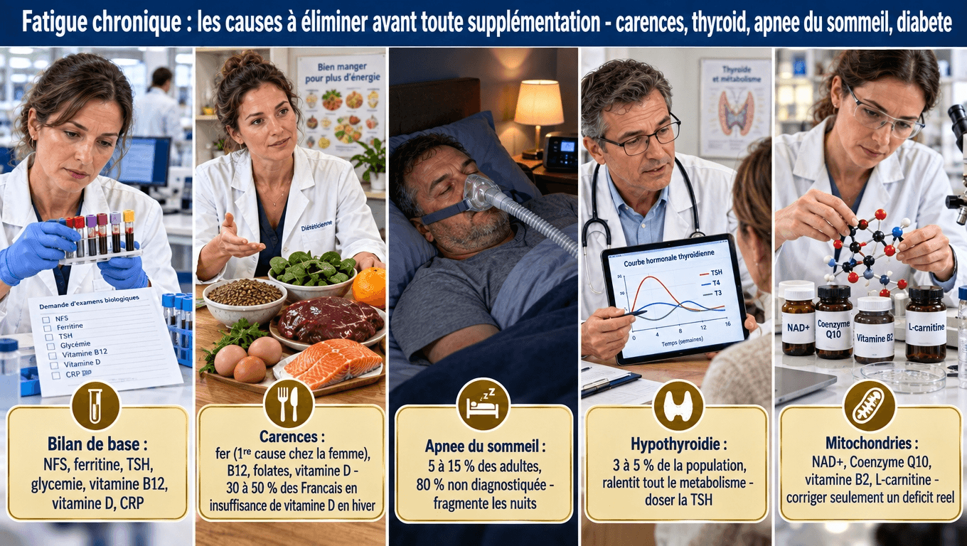 « Avant de supplémenter : NFS, ferritine, TSH, glycémie, B12, vitamine D, CRP. Fer (1re cause chez la femme), B12 (metformine, IPP), hypothyroïdie (3‑5 %), apnée (80 % non diagnostiquée), cœliaque (1 %). »