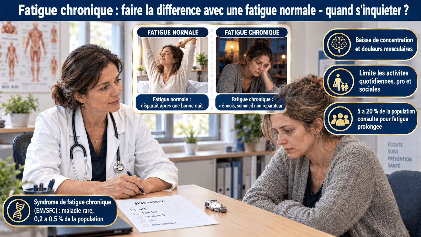 « Fatigue > 6 mois, non réparée par le repos : 1er motif de consultation en médecine générale. Différencier fatigue physiologique, fatigue chronique et syndrome EM/SFC (0,2‑0,5 % de la population) avant de supplémenter. »