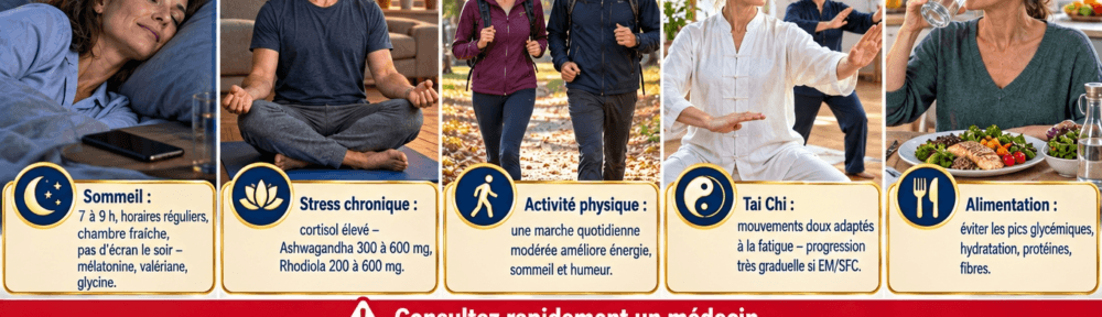Collage multi‑panneaux avec bandeau d'alerte rouge en bas. Volet 1 : femme française (42 ans) se réveillant reposée dans une chambre fraîche et sombre, rideaux occultants, smartphone posé face contre table de chevet ; badge « Sommeil : 7 à 9 h, horaires réguliers, chambre fraîche, pas d'écran le soir — mélatonine, valériane, glycine ». Volet 2 : homme français (40 ans) pratiquant une respiration lente, yeux fermés, sur un tapis de yoga dans un salon calme à l'heure dorée ; badge « Stress chronique : cortisol élevé — Ashwagandha 300 à 600 mg, Rhodiola 200 à 600 mg ». Volet 3 : couple français (femme 38 ans, homme 42 ans) marchant d'un bon pas dans un parc français par matin d'automne, sourires modérés ; badge « Activité physique : une marche quotidienne modérée améliore énergie, sommeil et humeur ». Volet 4 : femme française (30 ans) exécutant des mouvements doux de Tai Chi dans un studio lumineux avec un instructeur ; badge « Tai Chi : mouvements doux adaptés à la fatigue — progression très graduelle si EM/SFC ». Volet 5 : femme française (45 ans) dans une cuisine buvant un grand verre d'eau près d'une assiette équilibrée (légumes, poisson, céréales complètes) ; badge « Alimentation : éviter les pics glycémiques, hydratation, protéines, fibres ». Bandeau rouge inférieur avec six pictogrammes alignés et libellés en français : « perte de poids inexpliquée », « fièvre persistante », « sueurs nocturnes », « essoufflement », « palpitations », « tristesse profonde ou idées noires », avec badge central « Consultez rapidement un médecin ». Lumière naturelle chaude, intérieurs français réalistes, composition éditoriale soignée.