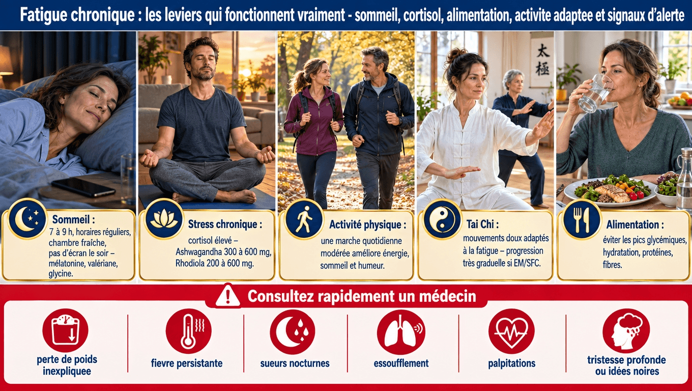  « Sommeil 7‑9 h, mélatonine/valériane/glycine, Ashwagandha ‑14‑28 % cortisol, marche modérée, Tai Chi, hydratation : les leviers validés. Perte de poids, fièvre, sueurs nocturnes, palpitations, tristesse profonde → consulter sans attendre (3114). »