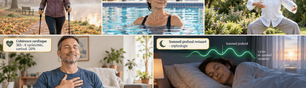Cinq photographies documentaires de personnes réelles : une femme de 55 ans pratiquant la marche nordique au lever du jour en forêt d'automne, une femme de 48 ans en piscine chaude 32 °C décharge des articulations, une femme de 50 ans exécutant « Mains comme des nuages » en jardin baigné de soleil, un homme de 45 ans réalisant la cohérence cardiaque assis (5 sec inspiration / 5 sec expiration, 6 cycles/min), une femme de 42 ans endormie pendant la nuit avec visualisation du sommeil lent profond (ondes delta) au-dessus de sa tête.