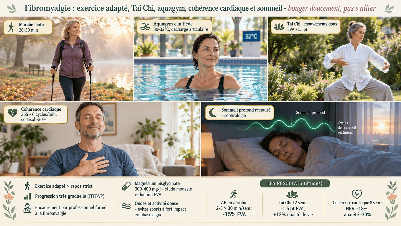 Exercice aérobie modéré, Tai Chi, aquagym eau tiède et cohérence cardiaque 365 : bouger progressivement (+12 % qualité de vie), ne pas s'aliter.