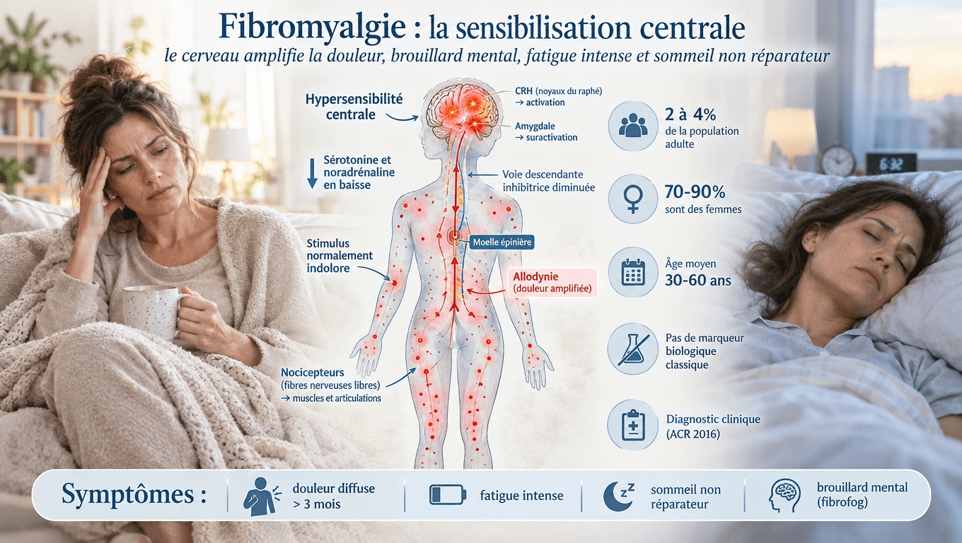 2–4 % de la population, 70–90 % de femmes, 30–60 ans ; sensibilisation centrale, hypersensibilité du système nerveux central, brouillard mental, fatigue intense, critères ACR 2016.