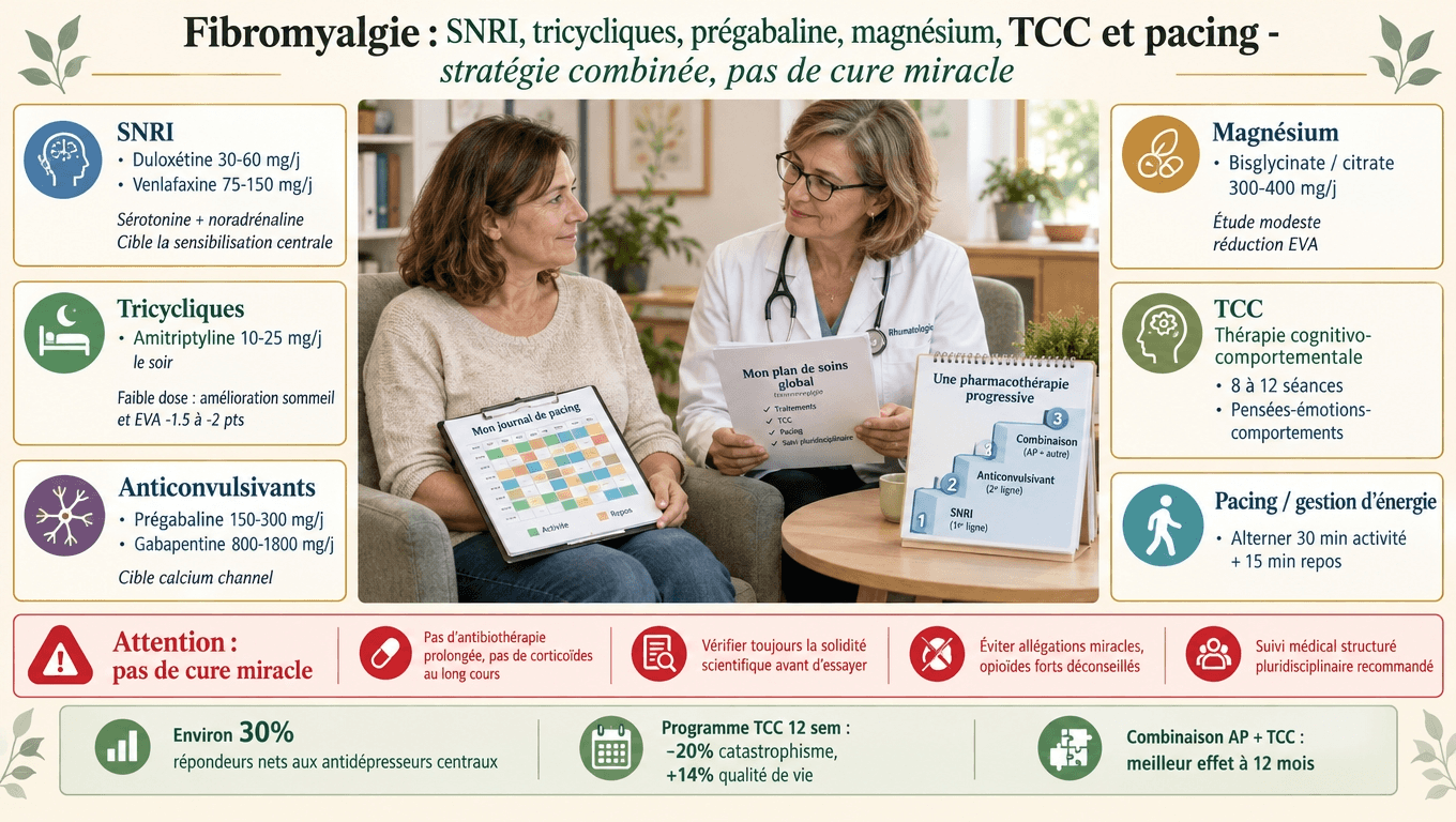 Stratégie combinée — SNRI (30 % répondeurs) + amitriptyline faible dose + prégabaline + magnésium + TCC 12 séances + pacing : pas de cure miracle, pluridisciplinarité indispensable.