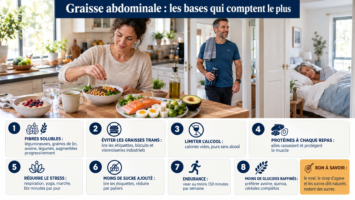 Fibres solubles, moins de graisses trans, d'alcool, de sucre ajouté et de glucides raffinés, protéines à chaque repas, stress maîtrisé, 150 minutes d'endurance : les huit bases les plus solides.