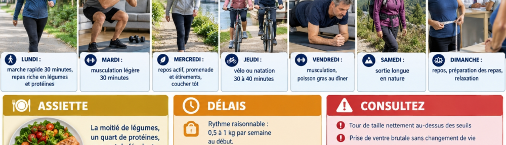 Famille réelle illustrant une semaine ordinaire : une femme d'environ 45 ans marche rapidement dans un parc, un homme d'environ 50 ans fait des squats et du gainage dans un salon, un couple réel pédale le long d'un canal, une femme d'environ 55 ans mesure sa taille au mètre devant un miroir, tandis qu'un médecin réel d'environ 52 ans en blouse consulte à son bureau ; la table est dressée selon la règle de l'assiette : moitié légumes, un quart protéines, un quart féculents complets ; encadrés français avec la semaine, l'assiette, les délais et les motifs de consultation.