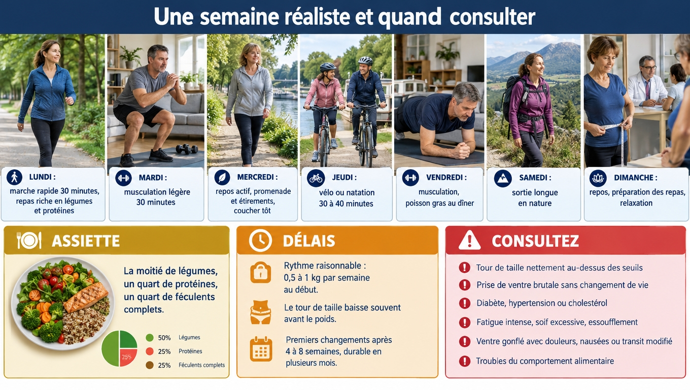Une semaine type clé en main, l'assiette en quartiers, les délais réalistes (0,5 à 1 kg par semaine, premiers résultats en 4 à 8 semaines) et les situations qui imposent une consultation.