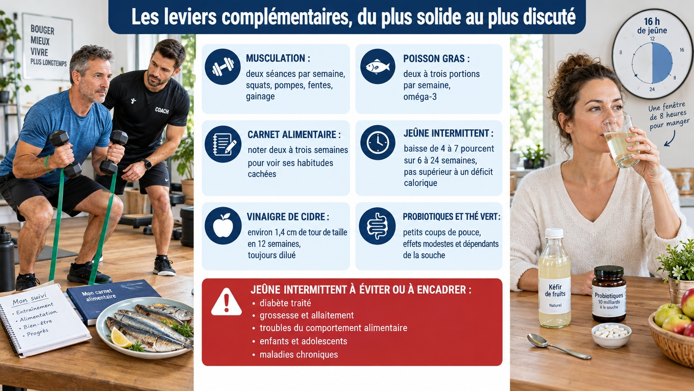 Musculation, poisson gras, carnet alimentaire, vinaigre de cidre, probiotiques, thé vert et jeûne intermittent 4 à 7 % : les leviers utiles mais jamais miracles, et qui doit éviter le jeûne.
