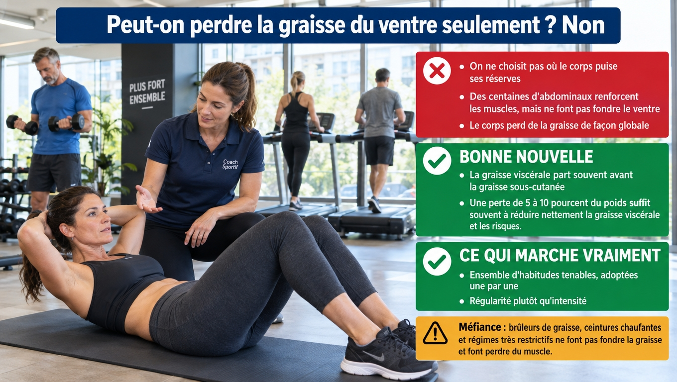 Pas de perte localisée : pourquoi les abdos ne font pas fondre le ventre, et pourquoi 5 à 10 % de poids en moins suffisent souvent à réduire la graisse viscérale.