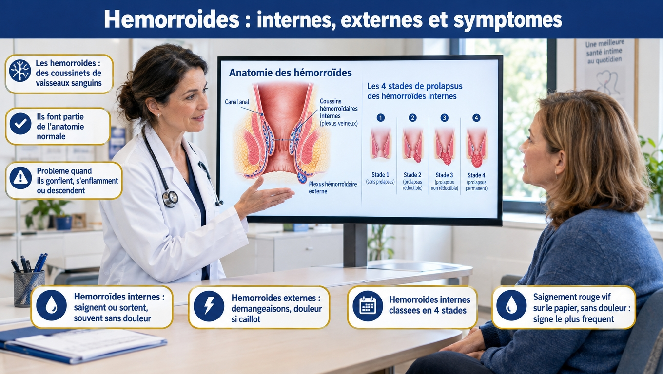 Hémorroïdes internes (saignement, 4 stades) et externes (démangeaisons, thrombose douloureuse) : des coussinets vasculaires normaux qui posent problème seulement lorsqu'ils gonflent ou descendent.