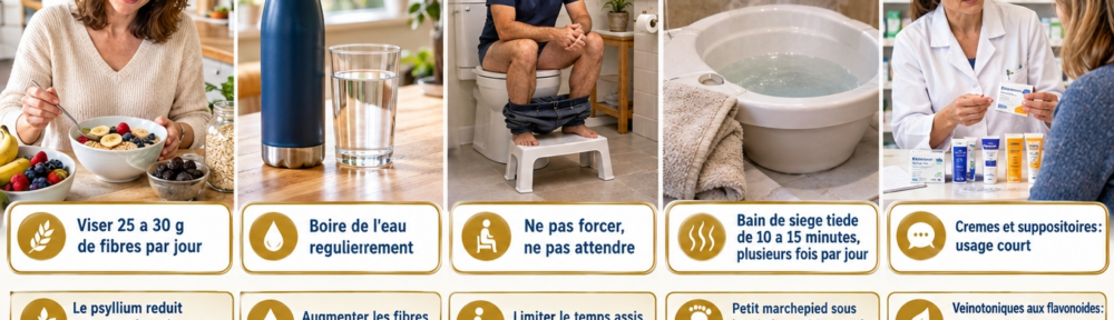 Collage de cinq scènes réalistes : petit‑déjeuner riche en fibres (flocons d'avoine, fruits, pruneaux), bouteille et verre d'eau, homme assis aux toilettes les pieds sur un petit marchepied sans téléphone, bain de siège tiède, et comptoir de pharmacie présentant crèmes, suppositoires et veinotoniques.