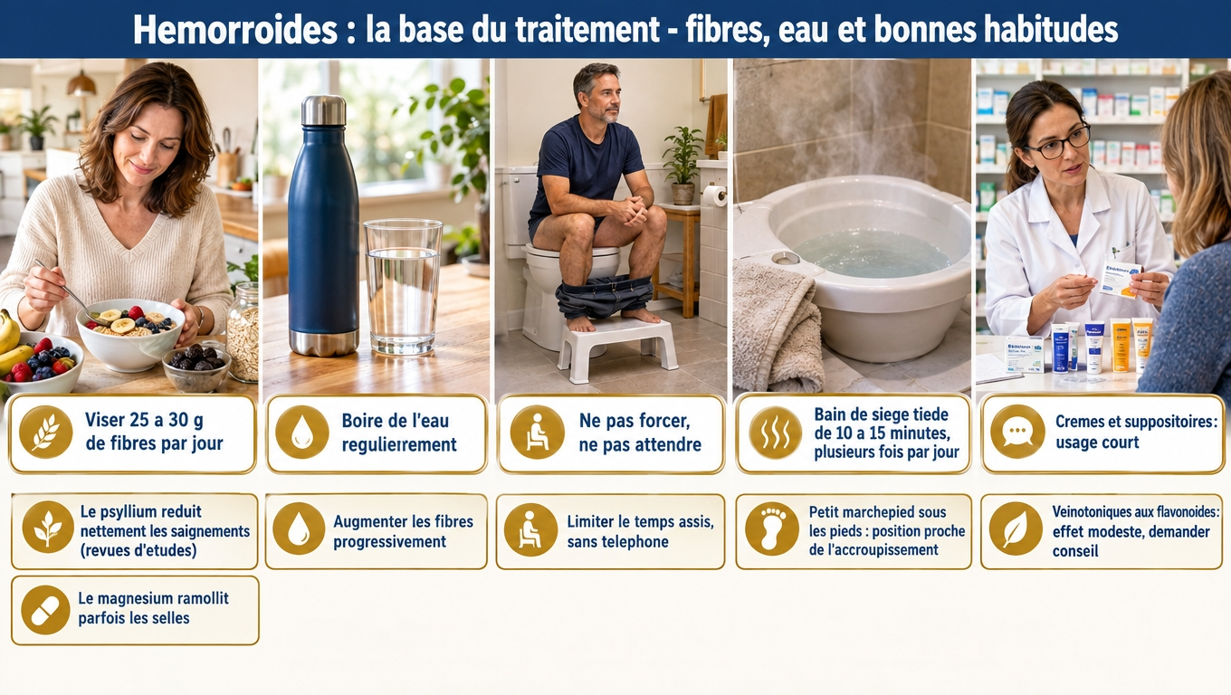 Hémorroïdes : 25 à 30 g de fibres par jour (psyllium), de l'eau, pas de poussée, marchepied sous les pieds, bains de siège tièdes et crèmes en usage court.