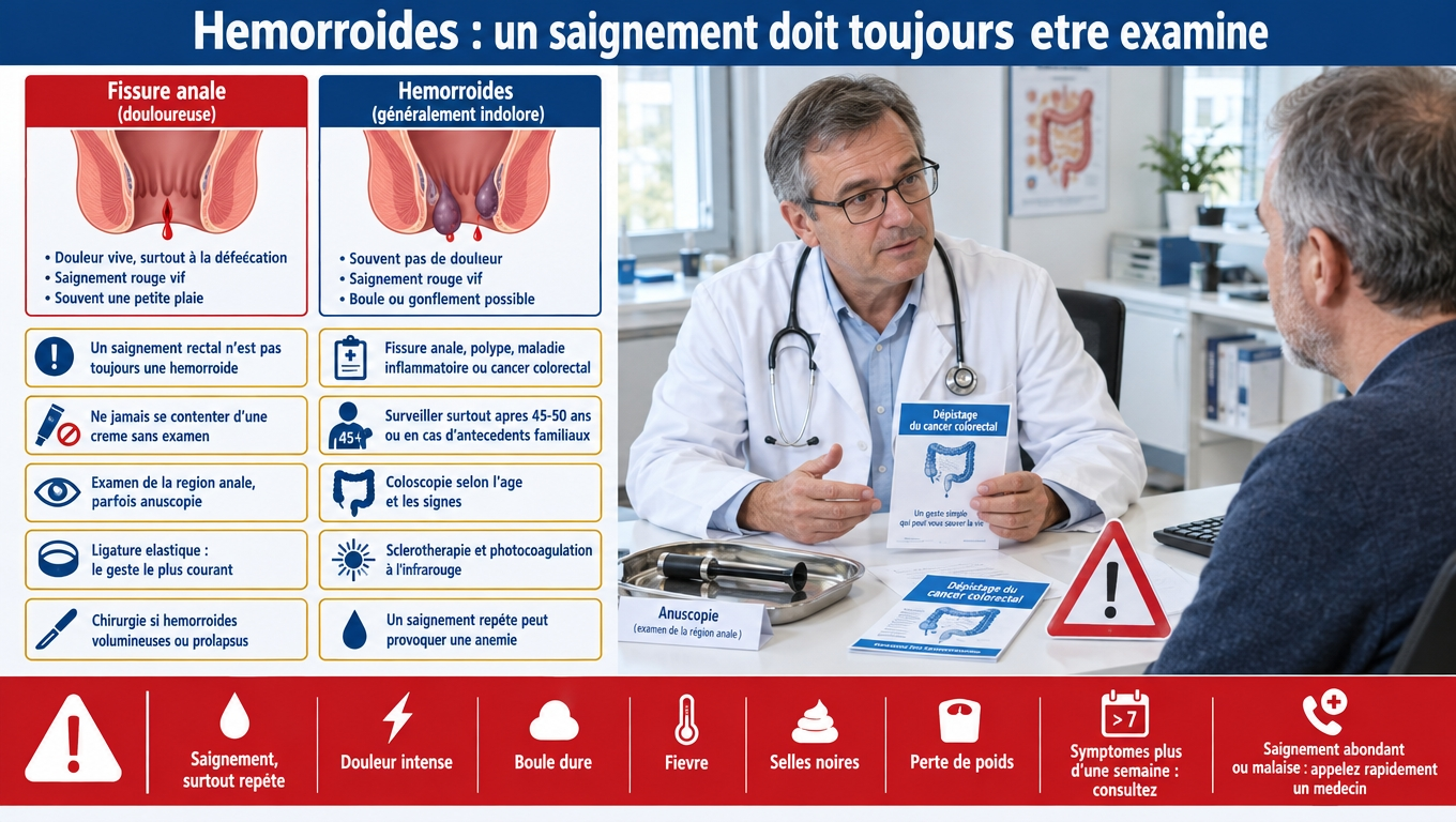 Un saignement rectal doit toujours être examiné (fissure, polype, MICI, cancer colorectal) : anuscopie, coloscopie selon l'âge — ligature élastique pour les hémorroïdes, et quand consulter.