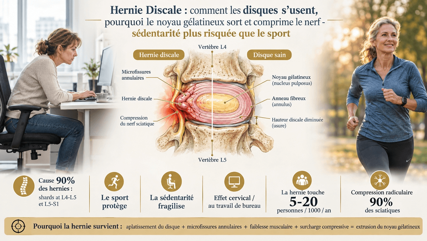 Disque hernié = nucleus pulatineux qui sort par microfissures de l'anneau, comprime le nerf ; 90 % en L4-L5 ou L5-S1 ; la sédentarité use davantage qu'un sport dosé.