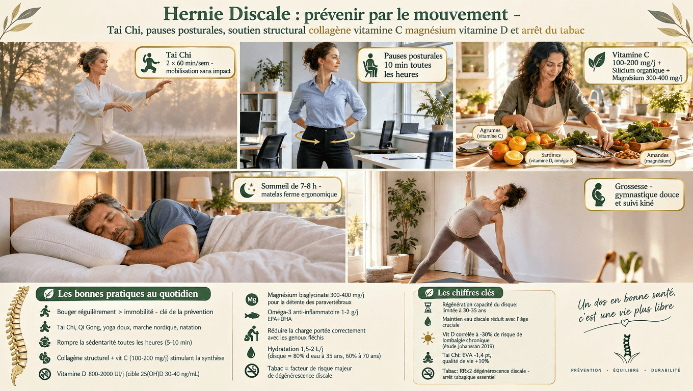 Bouger (Tai Chi, pauses posturales), soutien structural du disque (collagène + vit C, vit D, magnésium), arrêt du tabac : la pleine prévention.