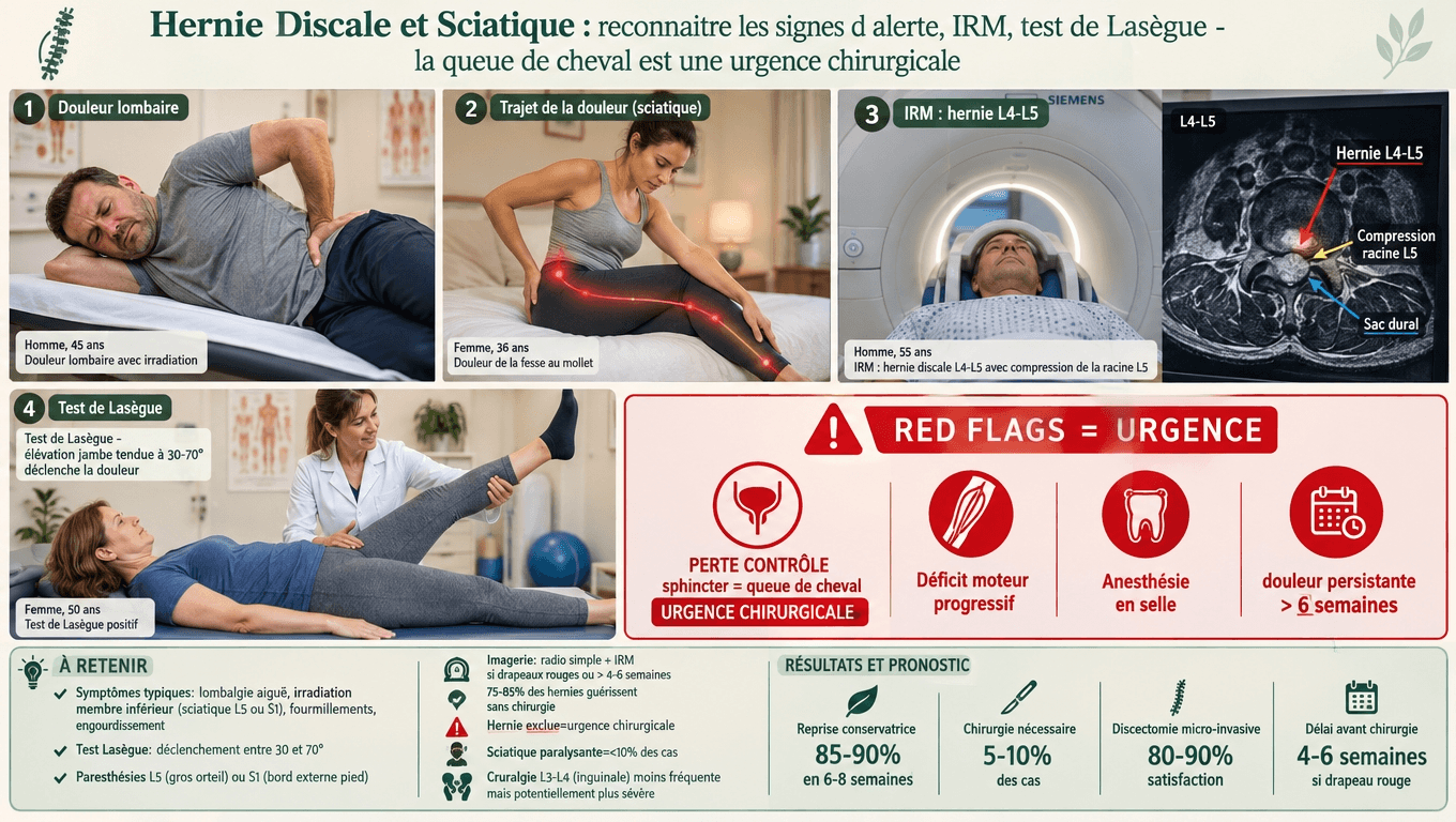 Sciatique typique L5 ou S1, Lasègue entre 30–70°, IRM ; hernie exclue ou queue de cheval = urgences chirurgicales ; 75–85 % guérissent sans chirurgie.