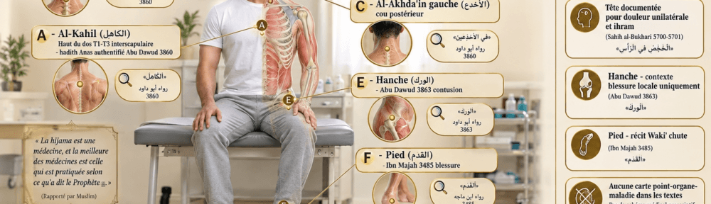 Patient masculin de 35 ans assis en blouse blanche, demi-figure anatomique visible à droite. Repères anatomiques dorés positionnés sur le corps : (A) Al-Kahil (الكاهل) — Haut du dos, région interscapulaire T1-T3 — Hadith Anas Abu Dawud 3860 authentifié ; (B) Al-Akhda'in droit (الأخدع) — cou postérieur ; (C) Al-Akhda'in gauche — cou postérieur. (D) Tête / Hāmah (الرأس / الهامة) — sommet du crâne — Sahih al-Bukhari 5700-5701 ; (E) Hanche (الورك) — Abu Dawud 3863 (contusion) ; (F) Pied (القدم) — Ibn Majah 3485 (blessure). Rangée inférieure : (G) Lombaires (القطن), (H) Épaules (المنكبان), (I) Genou (الركبة), (J) Jambes (الساقان). Chaque zone porte une loupe de référence avec passage du hadith en arabe. Badges dorés : « Al-Kahil et Al-Akhda'in mentionnés dans le même hadith », « Tête documentée pour douleur unilatérale et ihram », « Hanche — contexte blessure locale uniquement », « Pied — récit Waki' chute », « Aucune carte point-organe-maladie dans les textes ».