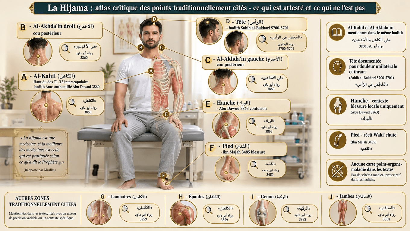 « Atlas critique : Al-Kahil et les deux Al-Akhda'in (Dawud 3860), tête (Bukhari 5700-5701), hanche (Dawud 3863), pied (Ibn Majah 3485). Mentionner une zone dans un hadith ne signifie pas qu'elle soigne une maladie spécifique. »