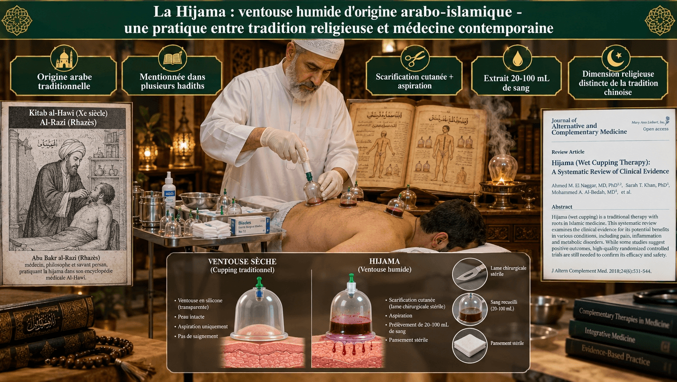 « Hijama = ventouse humide arabo-islamique avec scarification, ancrée dans les hadiths sahih d'al-Bukhari, Abu Dawud et Ibn Majah. Mentionnée dans le Canon d'Avicenne. Dimension religieuse distincte du cupping chinois. ASTM. »