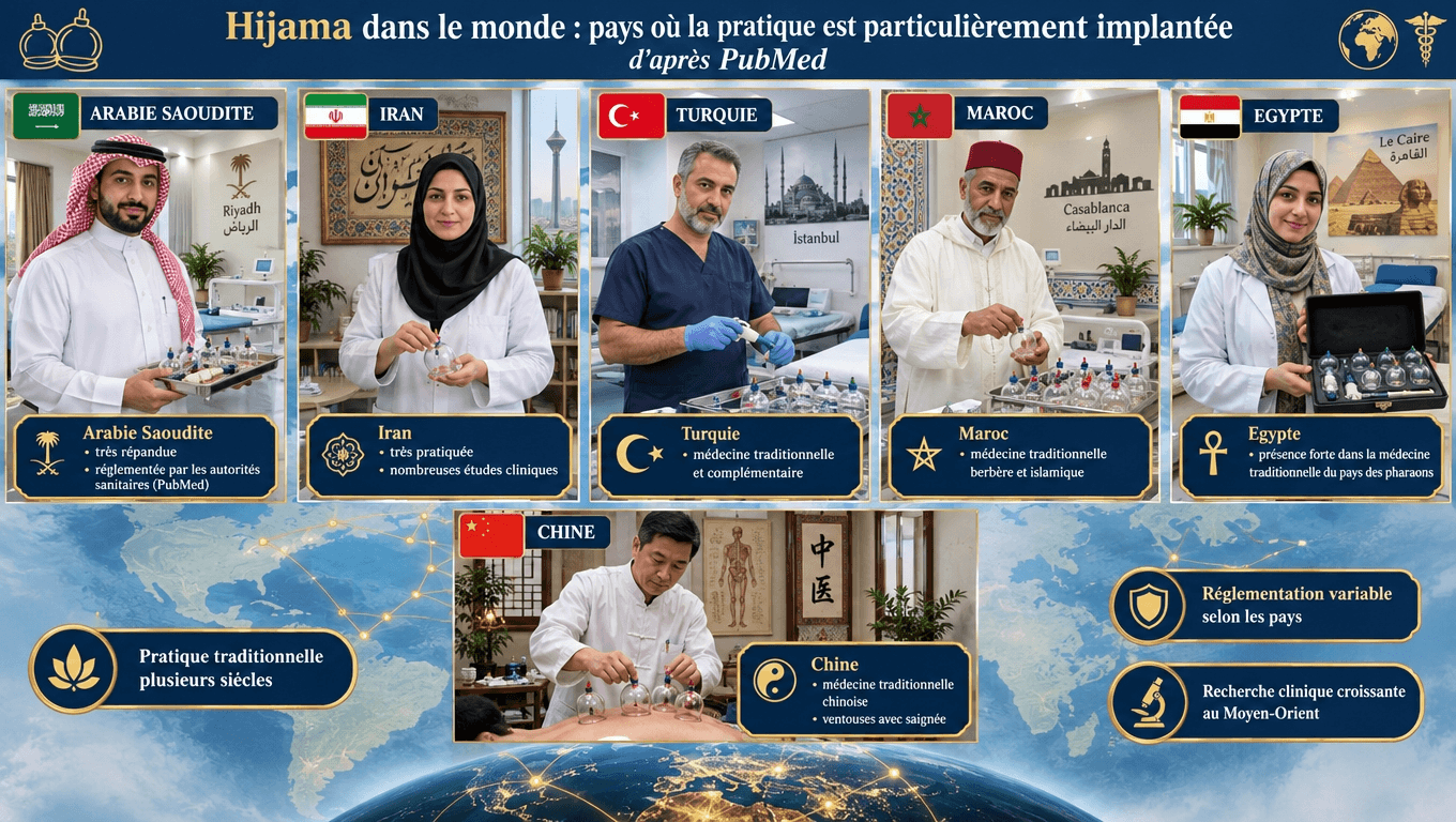 « Hijama largement implantée : Arabie saoudite (réglementée SCFHS), Iran (30 % de la littérature PubMed), Turquie (GETAT), Maroc, Égypte (depuis les pharaons), Chine (MTC), Irak, Jordanie. Recherche croissante au Moyen-Orient. »