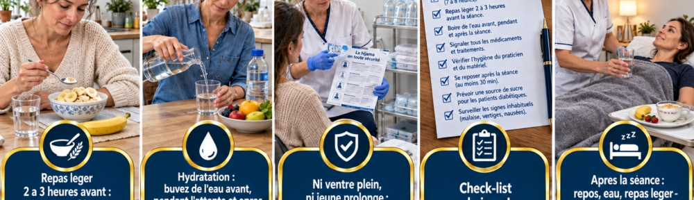 Collage photographique de cinq panneaux plus un panneau « check‑list » imprimé en français. Panneau 1 : femme française (37 ans) à une table de cuisine lumineuse mangeant un repas léger de yaourt nature avec flocons d'avoine et banane, verre d'eau près du bol, horloge murale indiquant deux heures avant un rendez‑vous ; badge doré « Repas léger 2 à 3 heures avant : protéines, fibres, peu de sucre rapide ». Panneau 2 : femme française (42 ans) versant de l'eau d'une carafe dans un verre sur un comptoir en bois, bouteille d'eau et coupelle de fruits frais à côté d'elle ; badge « Hydratation : buvez de l'eau avant, pendant l'attente et après la séance — jamais de jeûne sec ». Panneau 3 : praticien français (48 ans, tunique blanche, gants) expliquant un dépliant en français à une patiente assise (35 ans) dans une salle de soin hijama propre, ventouses stériles scellées sur le chariot latéral ; badge « Ni ventre plein, ni jeûne prolongé : la règle de prudence ». Panneau 4 : carte de check‑list imprimée en français photographiée en biais sur une table en bois, montrant huit lignes cochées sur le sommeil, le repas léger, l'eau, la déclaration des médicaments, l'hygiène du praticien, le repos après la séance, la source de sucre pour les diabétiques et les signes d'alerte ; badge « Check‑list du jour J ». Panneau 5 : patiente française (40 ans) se reposant calmement sur une table de soin dans une salle de clinique calme après la séance, une assistante (45 ans, tunique blanche) lui tendant un verre d'eau près d'une assiette de nourriture légère ; badge « Après la séance : repos, eau, repas léger — éviter effort intense, sauna et bains très chauds ». Badges éditoriaux dorés en français : « Évitez tabac, alcool et boissons très sucrées », « Un fruit entier convient aussi — évitez plats gras, frits ou très épicés ».