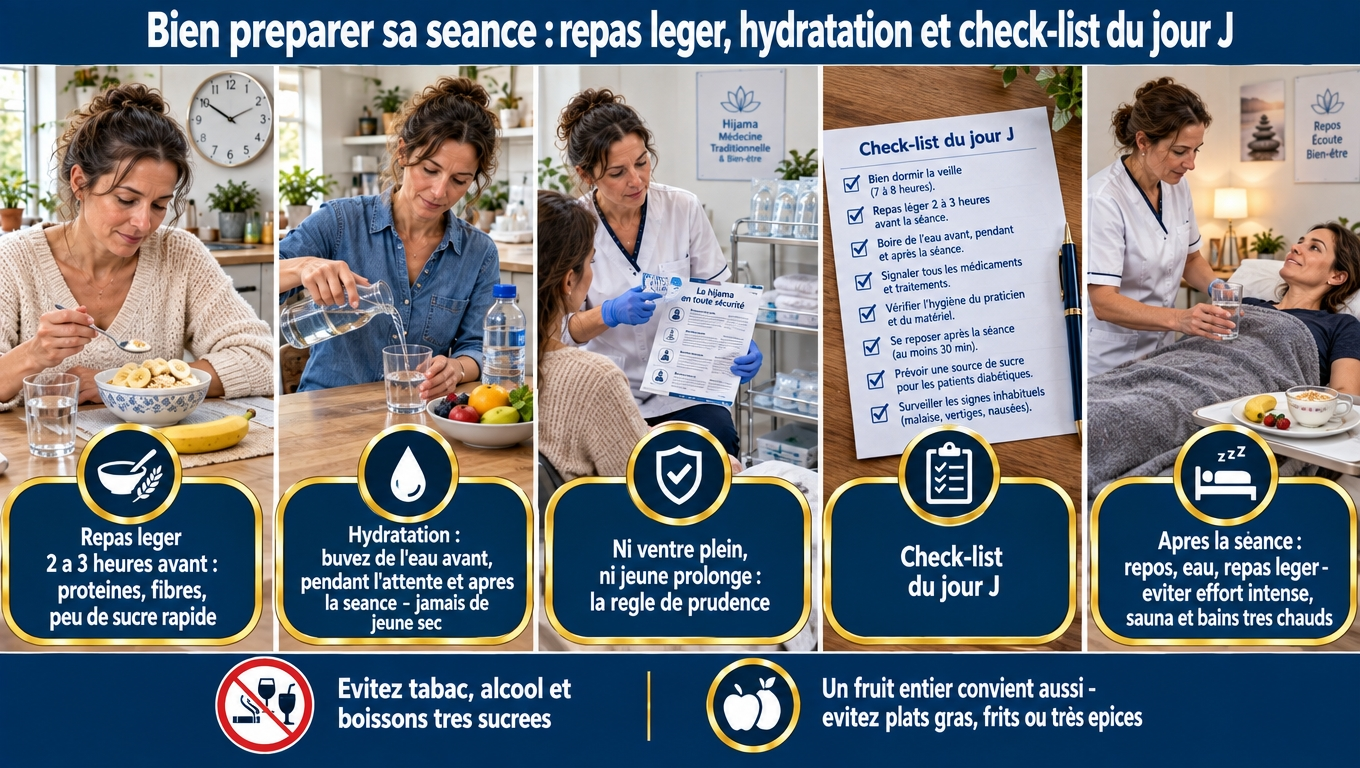 « Repas léger 2‑3 h avant (yaourt + avoine, œuf + pain complet, fruit entier) : évite nausées et hypoglycémie réactionnelle. Hydratation avant/pendant/après : jamais de jeûne sec. Après : repos, eau, repas léger, éviter sauna et effort. Check‑list 8 points. Surveiller le fer si séances répétées. »