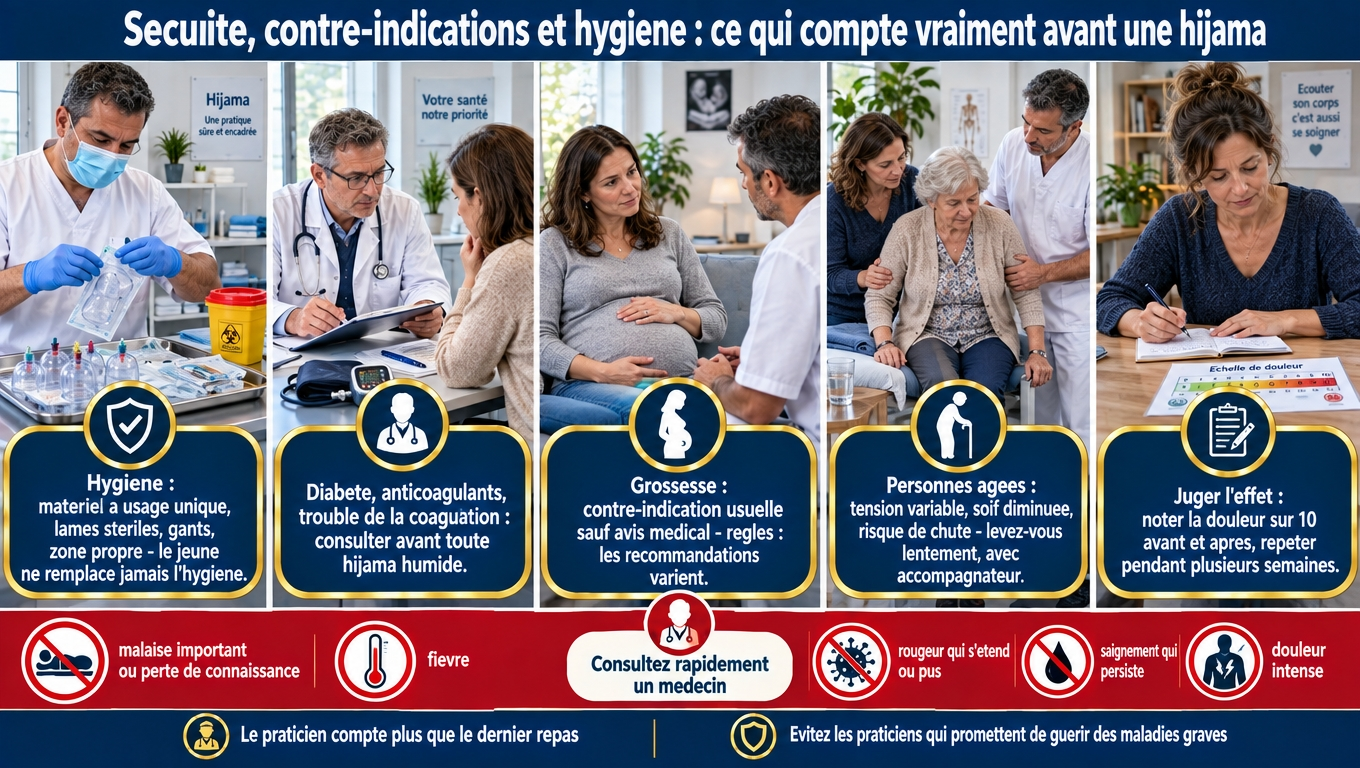 « Contre‑indications : diabète, grossesse, anticoagulants, anémie, TCA, enfants, personnes âgées. Hygiène : usage unique, lames stériles, DASRI — risque hépatites B/C. Fréquence non définie : espacer, surveiller le fer. Jugez l'effet par une échelle de douleur sur plusieurs semaines (placebo 30‑50 %). Consultez : malaise, fièvre, pus, saignement persistant. »