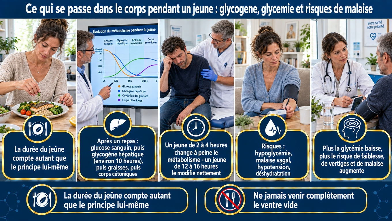 « Après un repas : glucose → glycogène hépatique (≈ 10 h) → graisses → corps cétoniques. Jeûne 2‑4 h : métabolisme quasi inchangé ; 12‑16 h : modifié nettement. Risques avant hijama : hypoglycémie, malaise vagal, hypotension, déshydratation. Le jeûne intermittent 16/8 ne se transpose pas à une séance. »