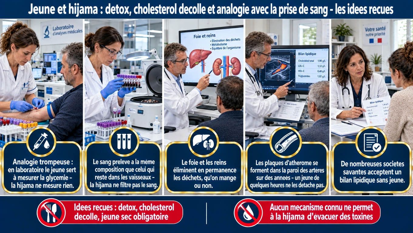 « Détox : le foie et les reins éliminent 24 h/24, les « toxines » n'ont pas de définition médicale, la hijama ne filtre pas le sang. Cholestérol décollé : plaques intimale sur 10‑30 ans, prélèvement dermique. Analogie trompeuse : en labo le jeûne sert à mesurer, pas la hijama. Bilan lipidique sans jeûne accepté. »