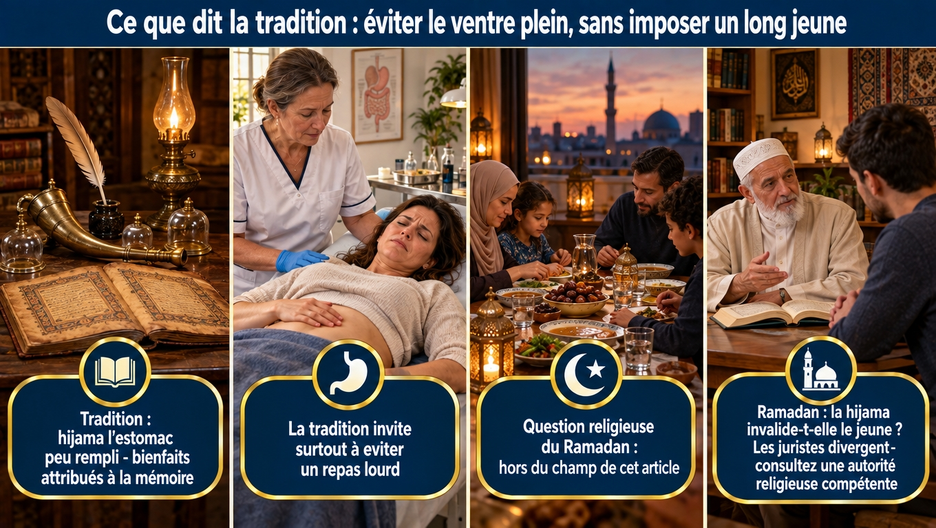 « Tradition : hijama l'estomac peu rempli, bienfaits attribués à la mémoire (authenticité discutée). Ibn Qayyim al‑Jawziyya : ventre plein → nausées et malaises. Ramadan : question juridique distincte, consulter une autorité compétente. La tradition demande surtout d'éviter le repas lourd. »