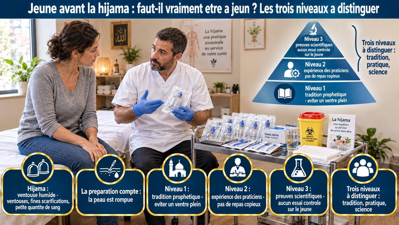« Aucun essai contrôlé ne compare hijama à jeun vs après repas léger. Revue 2016 : résultats favorables limités ; méta‑analyse 2025 : effet immédiat sur la douleur, sans gain fonctionnel. Praticiens : ni ventre plein, ni jeûne prolongé. NCCIH : qualité faible, risque infectieux ; ISO 5227:2022. »