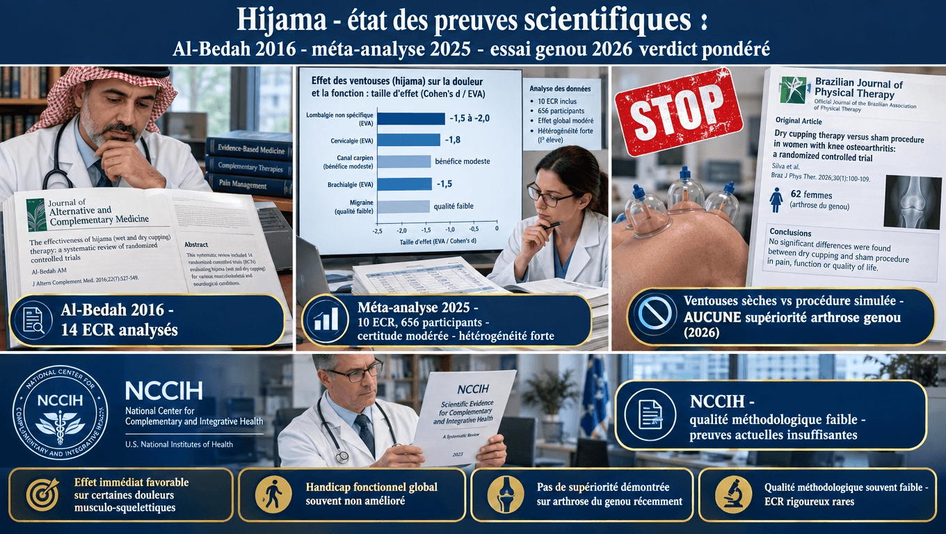 « Al-Bedah 2016 (14 ECR) : effet favorable lombalgie/cervicalgie modeste. Méta-analyse 2025 (10 ECR, 656 pts) : certitude modérée, hétérogénéité forte. Essai 2026 arthrose genou : aucune supériorité vs sham. NCCIH prudent. »