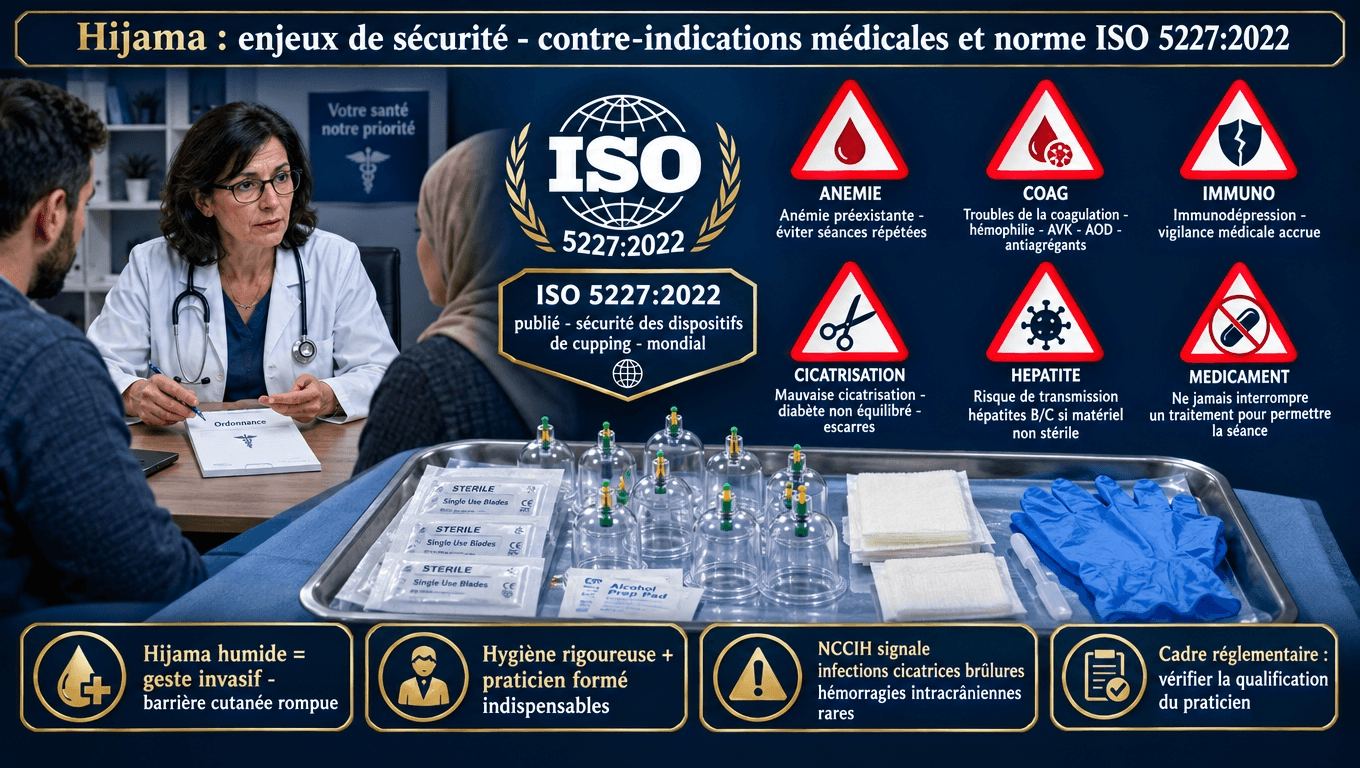 « Hijama humide = geste invasif ISO 5227:2022. Contre-indications : anémie, hémophilie, AVK/AOD, hépatites, diabète déséquilibré. Pas d'arrêt spontané d'un traitement pour permettre la séance. Exiger formation + matériel stérile à usage unique. »