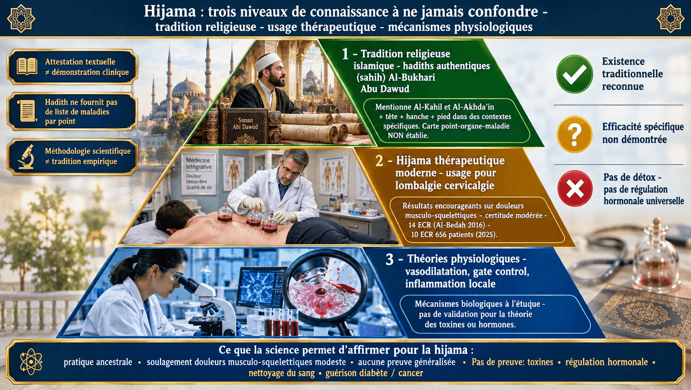 « Trois niveaux : 1) Tradition religieuse (hadiths sahih documentent la pratique) ; 2) Usage thérapeutique (effet modeste sur douleurs musculo-squelettiques, certitude modérée) ; 3) Mécanismes physiologiques (à l'étude). Aucune carte point-organe-maladie. »