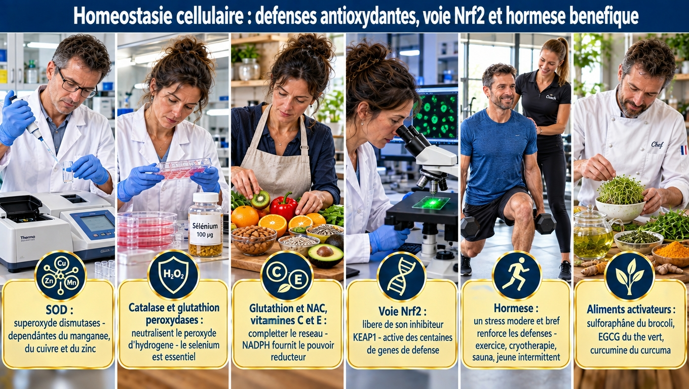 « SOD (Mn/Cu/Zn), catalase, GPx (sélénium), glutathion/NAC, vitamines C et E, NADPH : les 5 lignes de défense. Nrf2 libéré de KEAP1 active des centaines de gènes. Hormèse bénéfique : exercice, cryothérapie, sauna, jeûne, photobiomodulation — dose modérée, jamais excessive. »