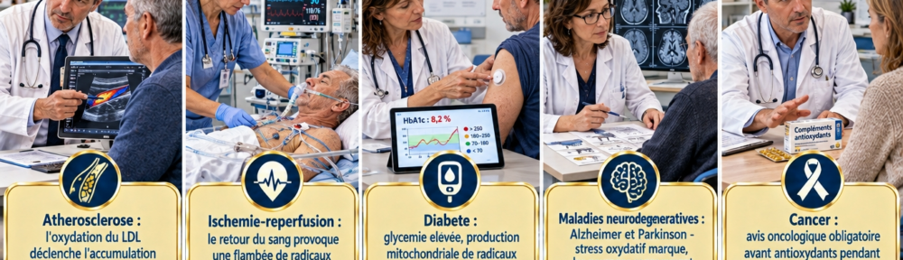 Collage photographique de cinq panneaux avec palette clinique rouge et bleu profond. Panneau 1 : cardiologue français (52 ans, blouse blanche, stéthoscope) examinant une image d'échographie artérielle avec un patient (60 ans) en cabinet lumineux ; badge doré « Athérosclérose : l'oxydation du LDL déclenche l'accumulation de plaque ». Panneau 2 : médecin urgentiste français (45 ans) surveillant un patient sur un lit d'hôpital avec moniteur cardiaque, perfusion saline et cathéters visibles ; badge « Ischémie‑reperfusion : le retour du sang provoque une flambée de radicaux et aggrave les lésions ». Panneau 3 : diabétologue française (48 ans) montrant un capteur de glycémie en continu sur le bras d'un patient assis (58 ans) avec une courbe d'HbA1c sur tablette ; badge « Diabète : glycémie élevée, production mitochondriale de radicaux et glycation — produits AGE ». Panneau 4 : neurologue française (50 ans) réalisant une évaluation cognitive avec un patient âgé (72 ans) dans un centre mémoire, images de scanners cérébraux à l'écran ; badge « Maladies neurodégénératives : Alzheimer et Parkinson — stress oxydatif marqué, les neurones consomment beaucoup d'oxygène ». Panneau 5 : oncologue français (46 ans, blouse blanche) s'entretenant avec une patiente assise (55 ans) et écartant doucement du bureau une boîte de gélules antioxydantes ; badge « Cancer : avis oncologique obligatoire avant antioxydants pendant chimiothérapie ou radiothérapie ». Bandeau rouge inférieur avec quatre pictogrammes alignés et libellés en français : « pas de bêta‑carotène chez le fumeur », « vitamines C et E à forte dose », « pas de test de stress oxydatif fiable en routine », « bilans : sélénium, zinc, fer avant supplémentation », avec badge central « Consultez un médecin avant toute supplémentation ».