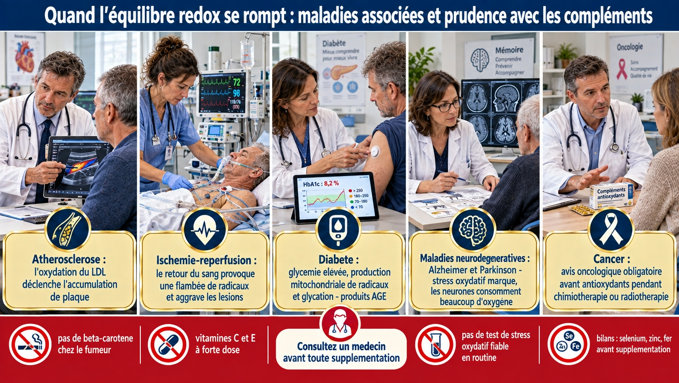 « Athérosclérose (oxLDL), ischémie‑reperfusion, diabète (AGE), Alzheimer, Parkinson, cancer : le déséquilibre redox accompagne de nombreuses pathologies. Grands essais décevants (bêta‑carotène +16 % mortalité, +28 % cancer du poumon chez le fumeur) : préférez végétaux, exercice, sommeil — avis oncologique avant antioxydants. »