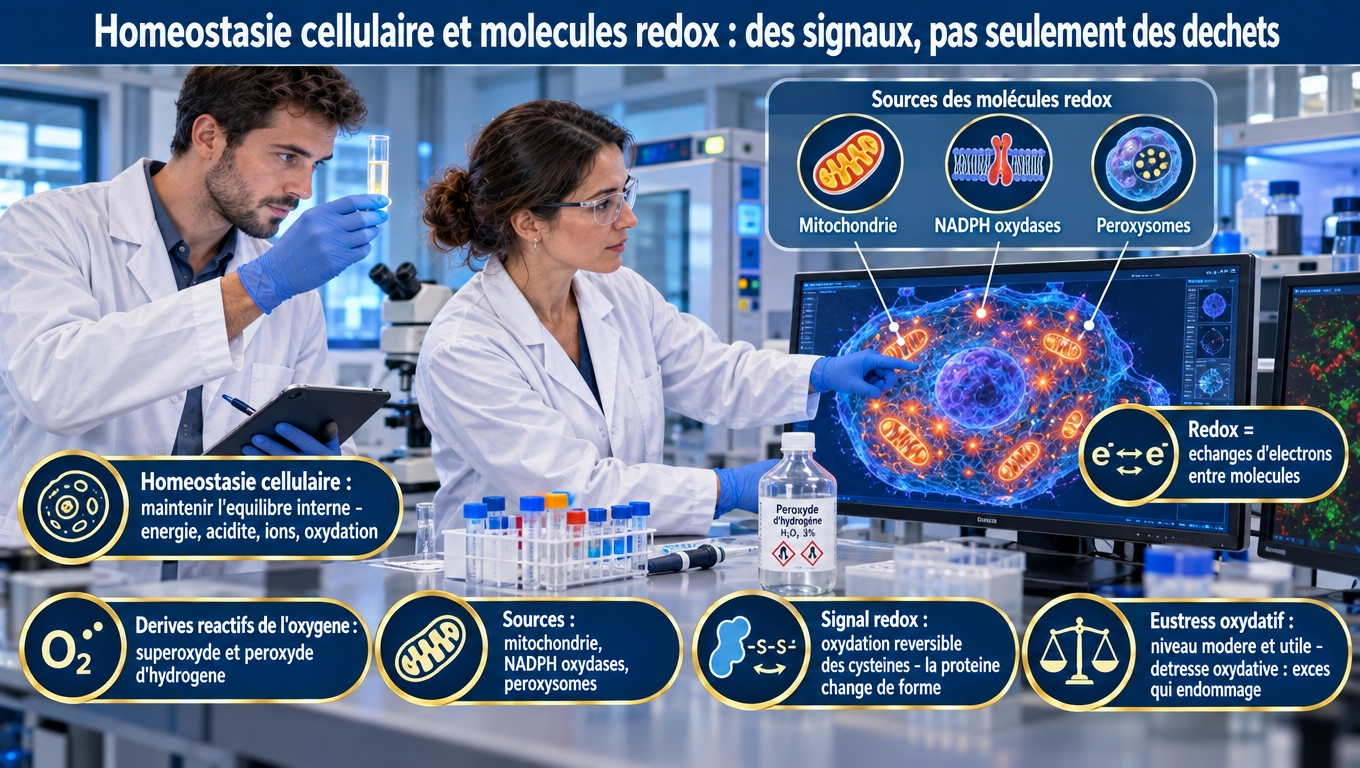 « Homéostasie cellulaire = équilibre interne (pH, ions, GSH/GSSG ≈ 100:1). Les ROS (superoxyde, H₂O₂) sont des signaux : ils oxydent de façon réversible les cystéines et régulent prolifération, différenciation et apoptose. Eustress utile ≠ détresse délétère. »