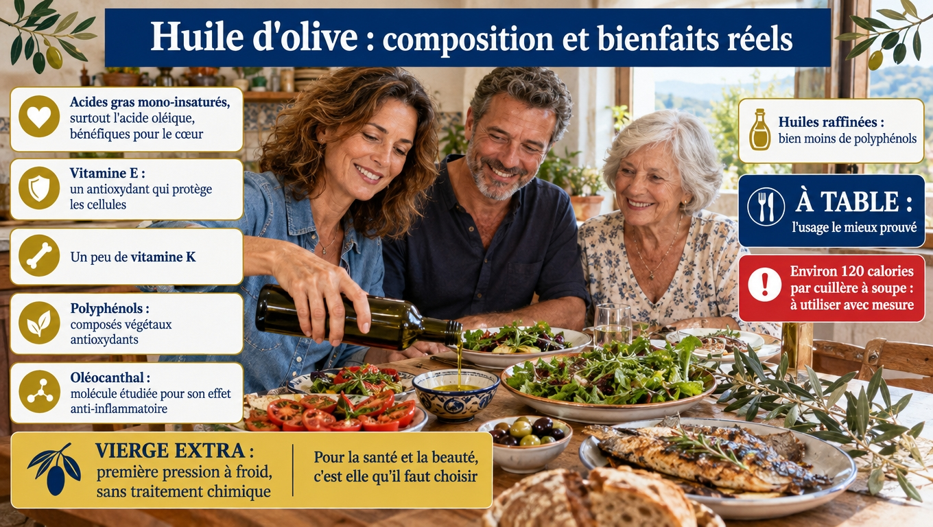 Acide oléique, vitamine E, polyphénols et oléocanthal : pourquoi la vierge extra est la référence, ce que dit vraiment la science sur le cœur et pourquoi 120 kcal par cuillère imposent la mesure.