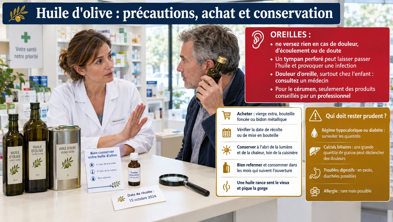 Rien dans l'oreille en cas de douleur ou de doute, vierge extra en bouteille foncée, conservation à l'abri de la lumière et de la chaleur, et prudence en cas de calculs biliaires, diabète ou troubles digestifs.